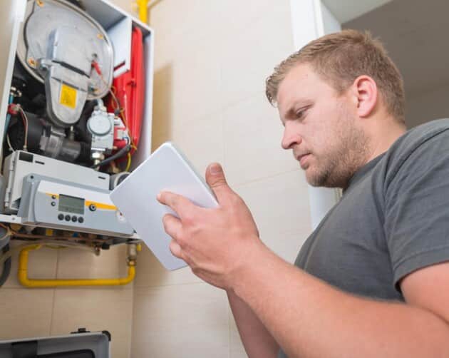 A man in a gray t-shirt is using RepairSense on his tablet as he examines the open, wall-mounted boiler. Exposed internal components and yellow pipes are visible, showcasing the intricate details he's navigating with ease. ©Mobysoft