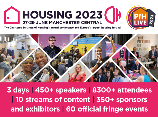 Promotional image for CIH Housing 2023 at Manchester Central, featuring various speakers and attendees. Text highlights include 3 days, 450+ speakers, 8300+ attendees, 10 content streams, 350+ sponsors and exhibitors, and 60 fringe events. ©Mobysoft