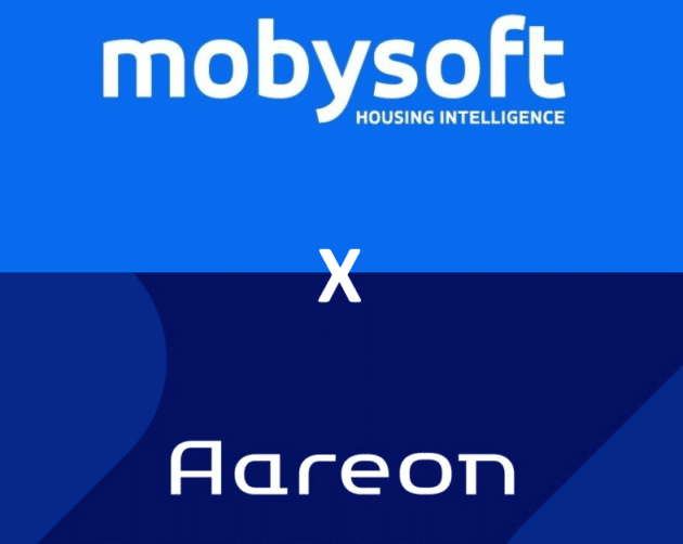 A graphic showcases two logos: "mobisoft Housing Intelligence" graces a blue background above, while "Aareon" rests on a darker blue backdrop below, elegantly divided by a white "x" at the center. ©Mobysoft